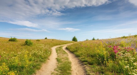 Winding dirt path through blooming meadow under partly cloudy sky
