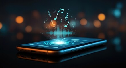 Smartphone displaying floating musical notes and soundwave graphic in dimly lit setting
