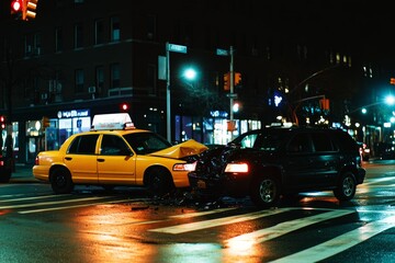 A nighttime collision between a yellow taxi and a black SUV at a city intersection under...