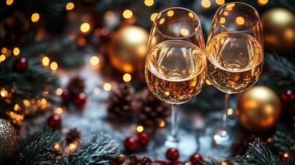 New Year's Eve champagne glasses filled with bright festive holiday lights