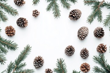 Fototapeta premium Christmas frame made of fir branches and pine cones on a white background. Top view, flat lay, Border, free space for text inside. Border