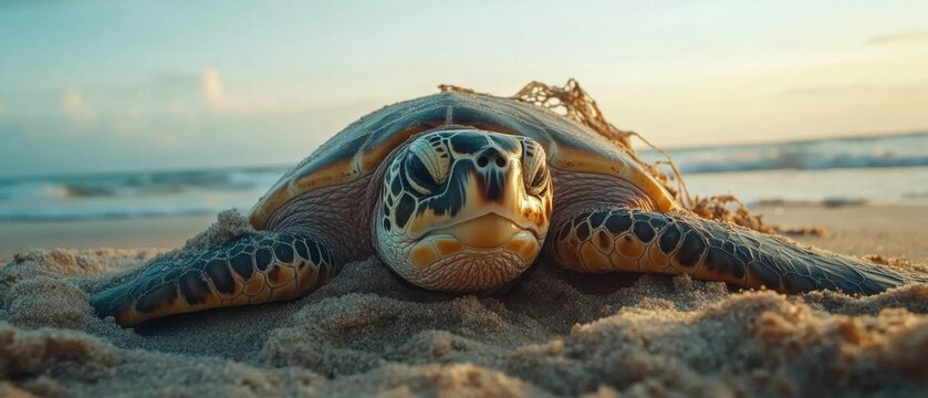 World Turtle Day Majestic sea turtle resting on sandy beach at sunset