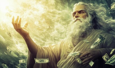Obraz premium Old man, flowing robe, creating money, light, ethereal.