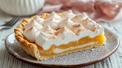 Delicious slice of lemon meringue pie with fluffy topping on rustic plate