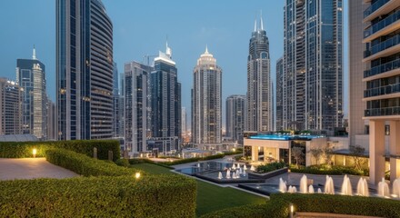 Modern skyline featuring tall skyscrapers, lush green terraces, and elegant fountains in cityscape at dusk