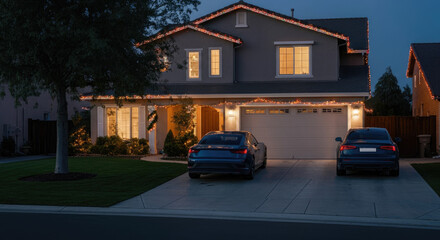 Two cars parked in driveway of house decorated with holiday lights at dusk