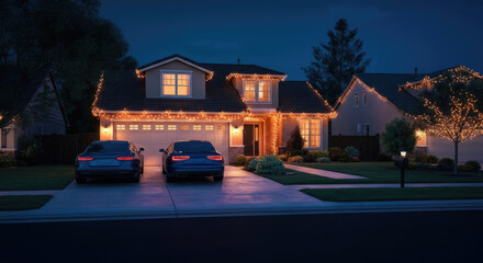 Suburban house decorated with festive lights at night, two cars in driveway