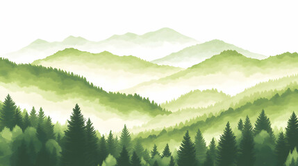 Fototapeta premium Serene misty mountain landscape, lush green forest, tranquil nature scene, perfect for eco-friendly designs or travel brochures.