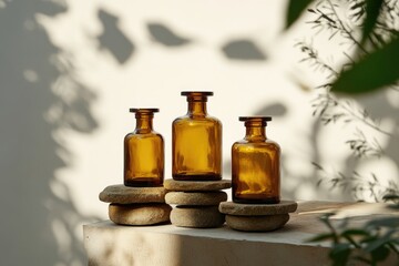 A collection of glass bottles placed on a table, great for use in still life photography or as a prop