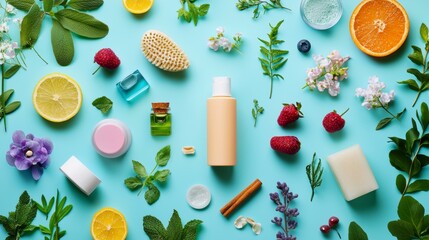 Natural skincare products with fresh ingredients on pastel background