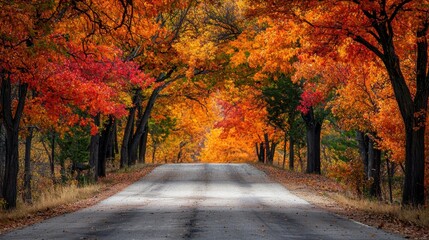 Obraz premium Vibrant autumn road with colorful foliage in a serene forest setting