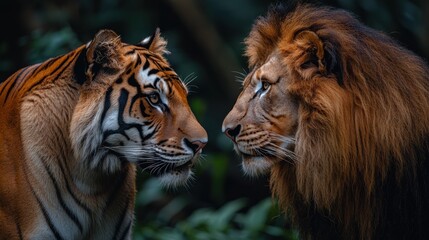 Tiger and lion staring intensely at each other, wild animals face-off, snowy setting, powerful gaze, majestic nature, fierce wildlife, predator encounter, winter forest, strength