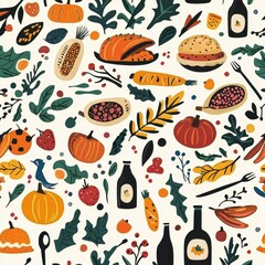 Autumn harvest seamless pattern with vegetables, fruits, and leaves