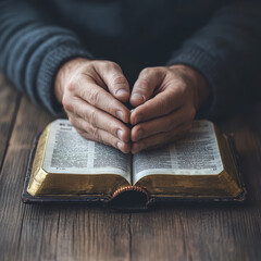 Christian man hand praying to god with the bible. Believe in goodness. Holding hands in prayer on a wooden table for god blessing to wishing have a better life. Pray and worship concept.