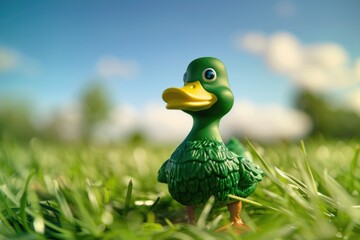 A close-up view of a small toy duck situated among lush green grass