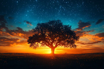 Lone Oak Tree Silhouetted Against Vibrant Sunset Sky