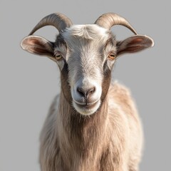 Fototapeta premium Close up goat portrait isolated on transparent background. Goat looks directly at viewer with curious expression. Farm animal photo suitable for web design social media. Cute farm animal image for