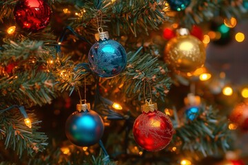 Blurry outdoor view of seasonal Christmas house lights decoration