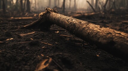 A fallen log on the forest floor, surrounded by a misty, somber atmosphere.
