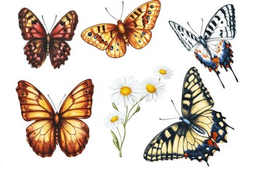 Close-up of butterflies and daisies on a clean white surface, perfect for illustrations or design projects