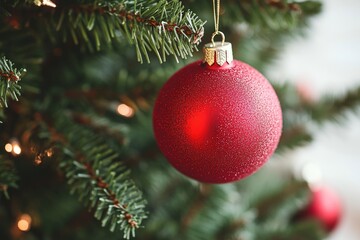 Fototapeta premium A bright red ornament hangs from the Christmas tree branches