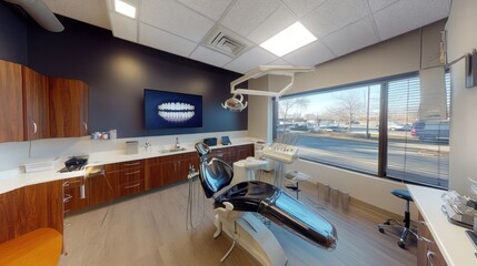 Modern dental clinic interior featuring a treatment chair and large window.
