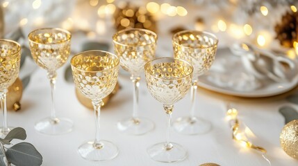 New Year's Eve champagne glasses filled with bright festive holiday lights