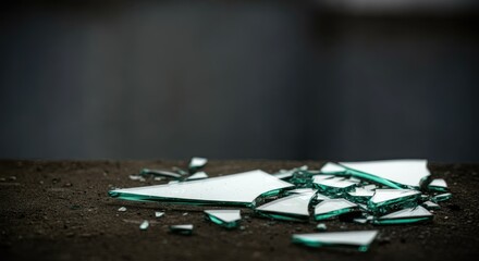 Shattered glass pieces scattered on dark surface