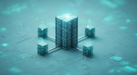 Digital network with central and distributed data blocks connecting via nodes, representing information technology