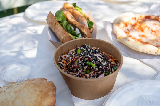  Assorted Street Food Including Salad, Sandwich, And Pizza