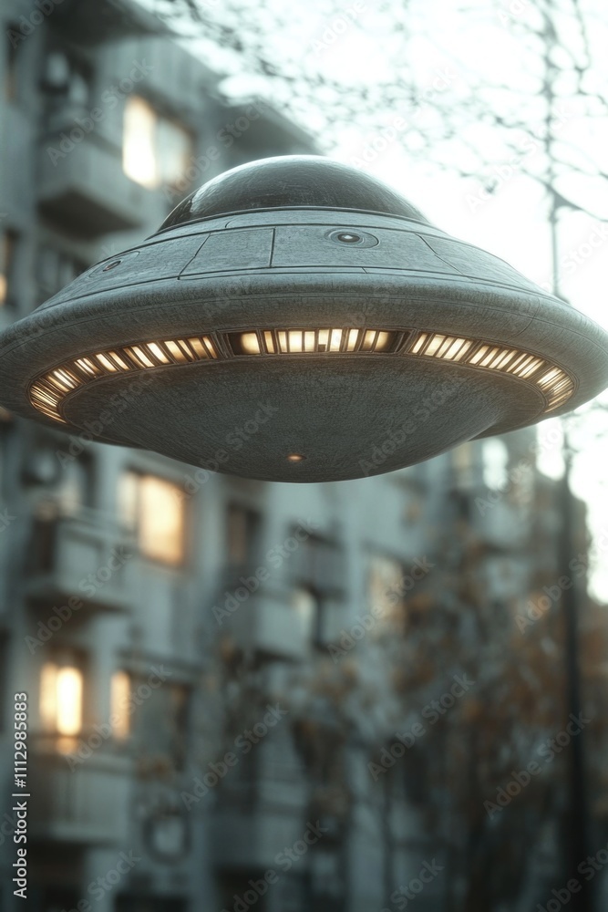 Poster a close-up view of a flying object hovering near a building, with the structure's architecture and d