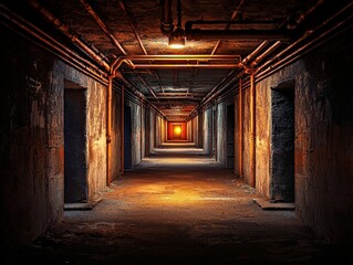 Fototapeta premium Dimly Lit Abandoned Corridor with Rusted Pipes Emphasizing Eerie Atmosphere and Mysterious Glow at the End of the Tunnel in Derelict Structure