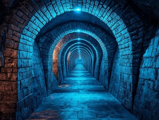 Fototapeta premium Dimly Lit Tunnels in a Sprawling Underground Maze with a Blue Glow, Capturing the Intricate Architecture of Ancient Structures and their Enigmatic Atmosphere