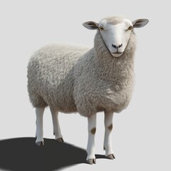 Fototapeta premium Isolated sheep stands against plain background. Fluffy white wool covers animal. Friendly expression. Suitable for farm life, animal welfare, wool production content. Used in educational materials.