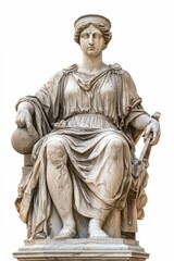 Obraz premium Stone statue, seated woman, classical attire, serene expression.