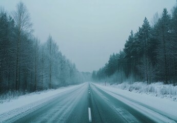 In the morning, a car travels down a snowy alley as snow falls