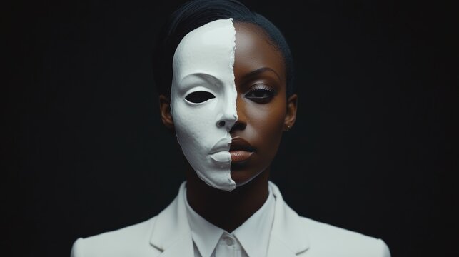 A striking portrait of a woman with half her face concealed by a white mask, symbolizing duality and identity.