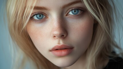 Naklejka premium Detailed close-up portrait of a woman with striking blue eyes and natural makeup, showcasing facial features and subtle expressions.