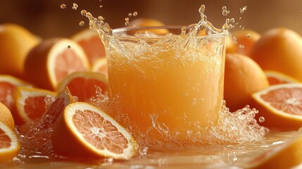 Refreshing splash of orange juice in glass with citrus slices, vibrant fruit drink, fresh healthy beverage, juicy splash photography, vitamin-rich, bright oranges