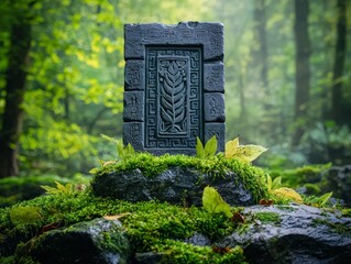 Intricately Carved Artifact Displayed on Rough Stone Surrounded by Lush Greenery, Showcasing the Beauty of Nature and Ancient Artistry in a Forest Setting
