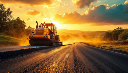 Fototapeta premium A vibrant road construction scene at sunset, with an orange vehicle paving a new road.