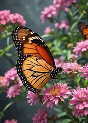 Fototapeta premium Close-up of vibrant monarch butterfly on blooming flowers, macro photography, colorful