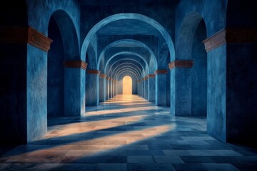 Naklejka premium A Mysterious Abandoned Corridor Illuminated by a Faint Glow, Evoking an Enigmatic Atmosphere of Mystery and Intrigue in a Stunning Architectural Space