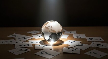 Globe illuminated in dark, surrounded by question mark cards