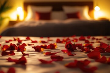 A romantic bed covered in red rose petals