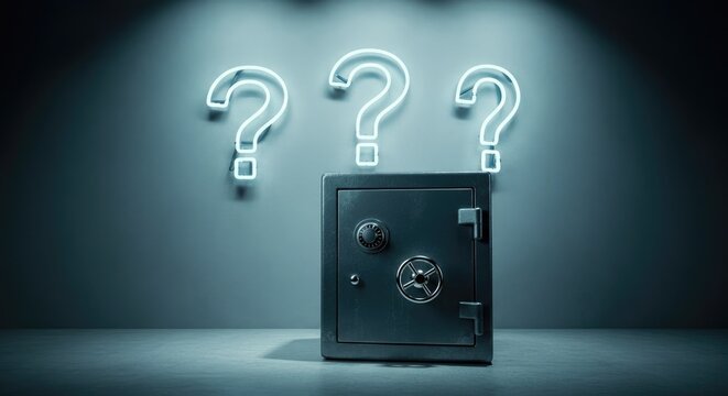 Reinforced metal safe surrounded by glowing question marks, indicating mystery and security