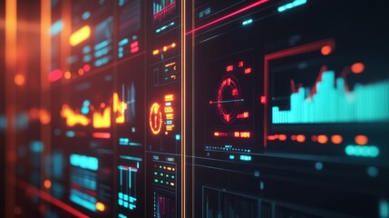 Fototapeta premium Futuristic digital dashboard with glowing graphs, charts, and data visualizations on a dark background.