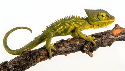Obraz premium Vibrant green chameleon perched on a weathered branch, isolated on white. Captivating reptile portrait showcasing intricate detail and unique features.