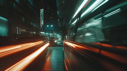 Fototapeta premium A dynamic scene of a car racing through city streets, transitioning into an underground tunnel.
