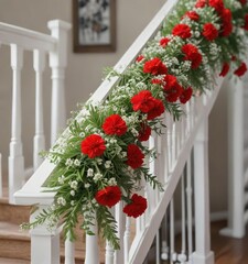 Naklejka premium Holiday floral garland with red carnations, white baby's breath, and greenery draped along a staircase railing, festive, white baby's breath